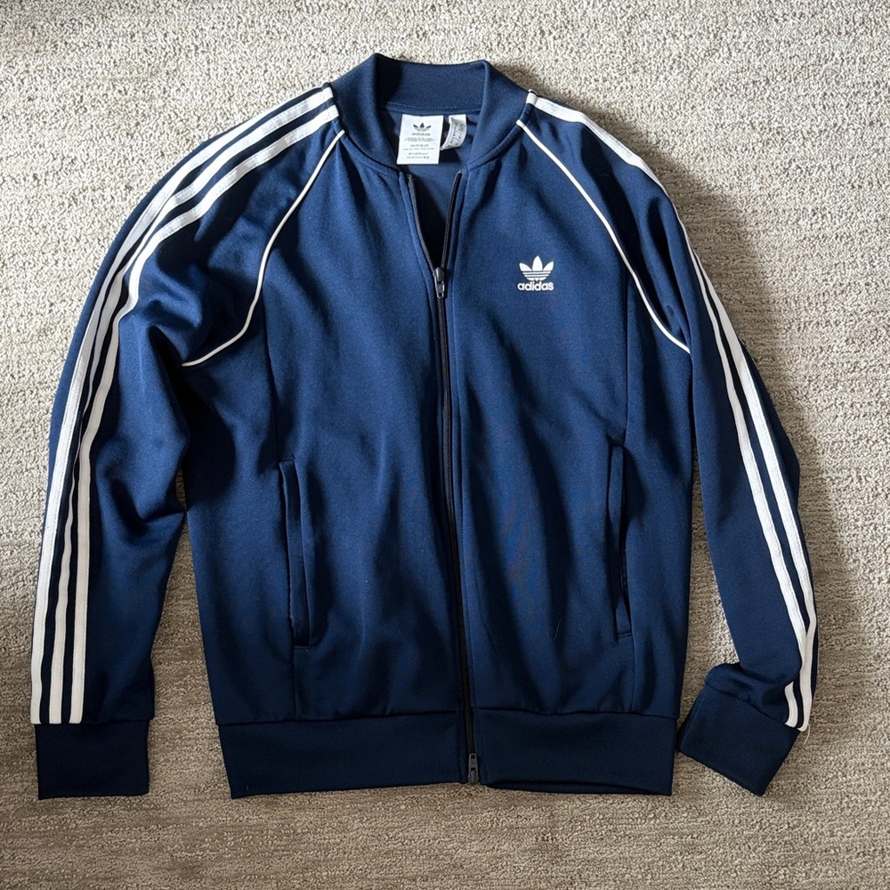 Adidas Men's Zip-Up Navy Sweater with White Stripes